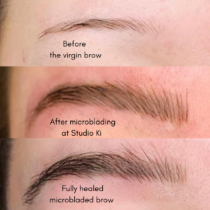 Microbladed brow before, after and healed